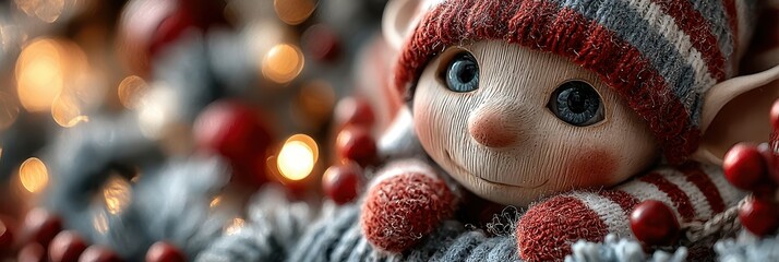 Unique handcrafted elf figurine wearing winter attire surrounded by festive decorations and warm lights
