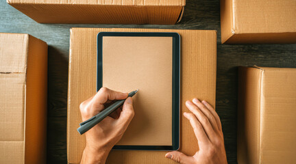 Man writes on a tablet next to cardboard boxes in a busy deliver