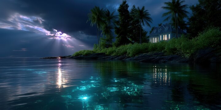 Serene coastal view at night with glowing water and a house amidst palm trees under a dramatic sky