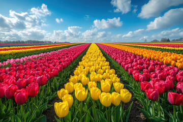 Vibrant field of tulips under a clear blue sky