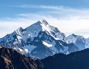 Obraz premium Majestic snow-capped mountain peak against a clear blue sky