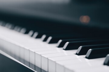 close-up of pianist fingers pressing keys under spotlight against blurred piano body