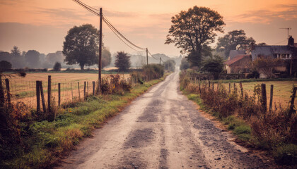 Country road with fence and trees at sunset, peaceful rural landscape with house and soft warm light