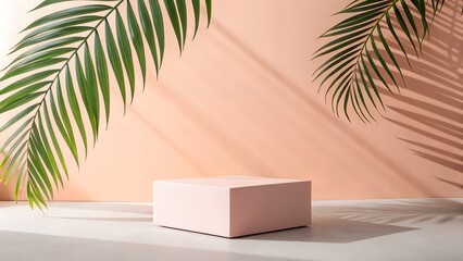 Fototapeta premium A pink block sits under palm leaves with sunlight and shadows, making a natural and simple stage for a product.