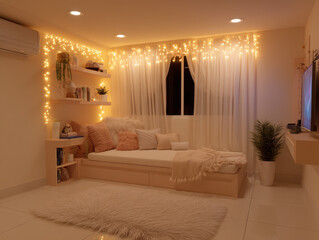 Cozy home interior with beige tones and soft lighting featuring daybed with cushions, sheer curtains, and warm fairy lights