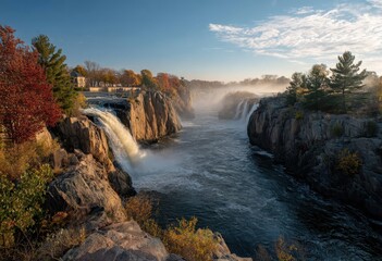 Majestic Waterfall Cascade Surrounded by Autumn Foliage and Misty River Under Clear Blue Sky in Beautiful Natural Landscape
