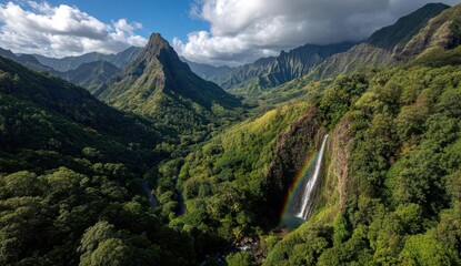 Majestic Waterfall Cascade in Lush Green Mountain Landscape with Vibrant Rainbow Overlooking Serene Valley and Towering Peaks Under Clear Blue Sky