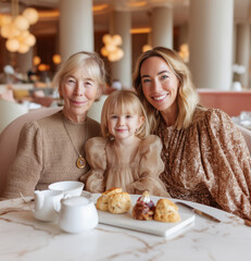 Three generations of women enjoying tea and dessert.