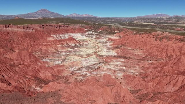 Aerial view of the impressive geological formations of the Valley of the Moon, Cusi Cusi, Jujuy, Argentina