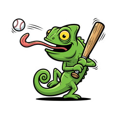Obraz premium Playful Green Chameleon Cartoon Character Swinging Baseball Bat