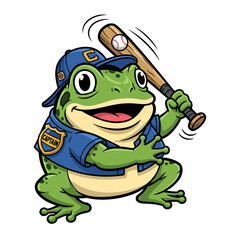 Obraz premium Playful Green Frog Cartoon Character in Blue Baseball Uniform Swinging Bat