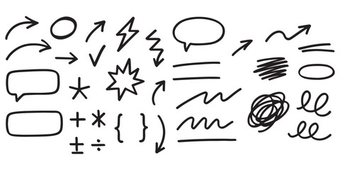 Hand drawn arrows doodles vector. Set of hand drawn arrows scribble doodles, lines, pointers, rectangle, circles, check box, dividers, stars, quotations etc