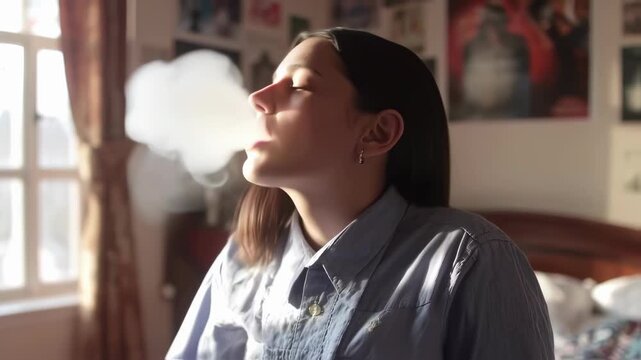 Young woman exhaling smoke in sunlit room creating dramatic atmosphere