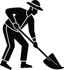 Silhouette of Gardener Digging Soil with a Shovel