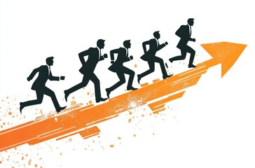 Two businessmen are depicted in a competitive scenario, jumping over broken columns, signifying progress and success in a challenging business landscape. The image emphasizes elements of competition a