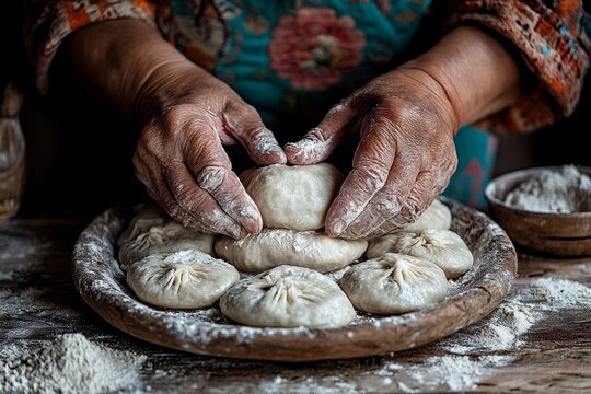 The hands of an old woman are engaged in molding khinkali or other food Generative AI