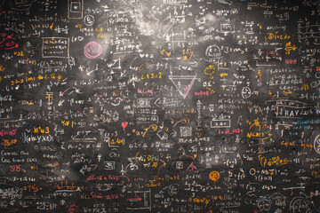 Chalkboard covered with complex mathematical equations, formulas and scientific symbols. Education, school and science background