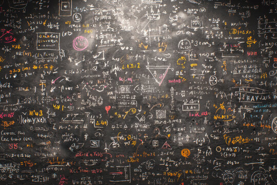 Chalkboard covered with complex mathematical equations, formulas and scientific symbols. Education, school and science background - Powered by Adobe