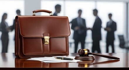 Elegant brown leather briefcase on a lawyer’s desk with gavel, documents and pen. Concept of law, justice and corporate legal services in modern business environment.