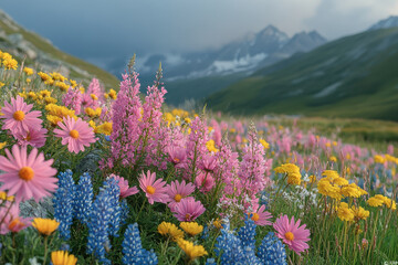 Wildflowers blooming with majestic Canadian Rockies in background.