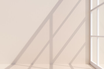 Sunlight casting geometric shadows on a beige wall near a window. 3d rendering