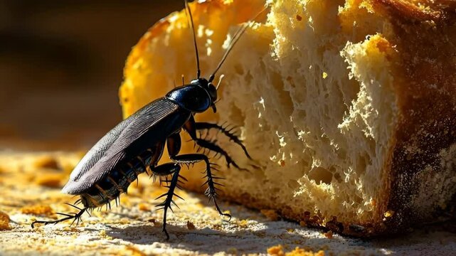 Insect crawling on freshly baked bread casts a stark shadow