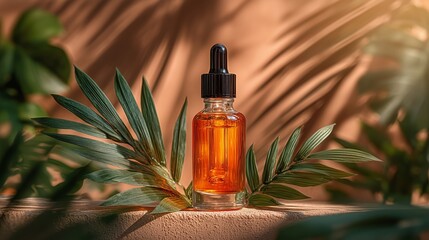 Fototapeta premium Amber Facial Oil Dropper with Tropical Leaves on Satin Background