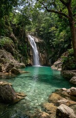 Naklejka premium Erawan waterfall cascading into turquoise pond in kanchanaburi, thailand