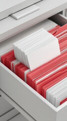 Organized office drawer filled with red and white paper folders and blank index cards, symbolizing structured workflow, business documentation and minimalist administrative aesthetics