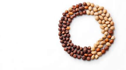 Obraz premium Assorted Nuts Arranged in a Circle on White Background, Hazelnut, Almond