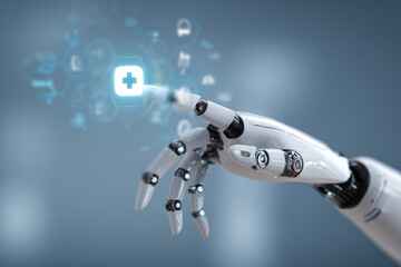 Robot hand ai artificial intelligence assistance for medical healthcare practices operation surgical performance, unity with human and ai concept, with graphical icon display blue banner background