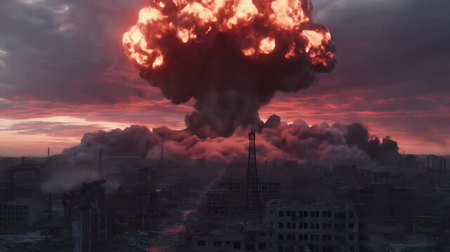 Dramatic Nuclear Explosion Over Destroyed Cityscape Showing Smoky Mushroom Cloud Against Red Sky Background and Damaged Buildings