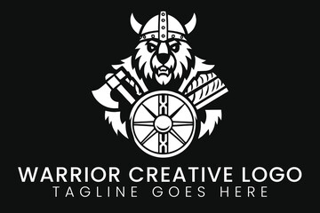 Viking warrior logo design with bear helmet axe and shield illustration