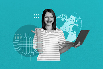 Pop zine full art photo collage of happy girl guy hold laptop phone artificial intelligence app programming gpt chat helper bot