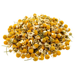 Aromatic heap of dried chamomile blossoms offering calming and therapeutic properties on transparent background