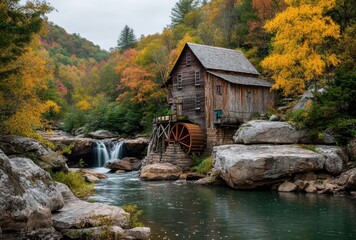 Scenic autumn landscape featuring an old wooden mill by a tranquil river, surrounded by colorful foliage and peaceful waterfalls in the mountains