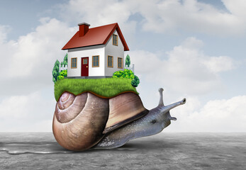 Sluggish US housing market and the global slowdown in real estate sales amid rising interest rates and economic uncertainty for home buyers and sellers as a slow snail metaphor.