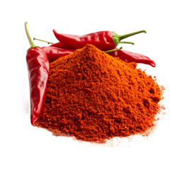 Fiery red chili powder mound with fresh peppers, culinary ingredient on transparent background