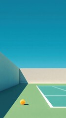 Minimal tennis court with a single ball in direct sunlight casting geometric shadows against blue sky ideal for conceptual sports visuals, minimalism and summertime themes