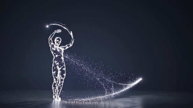 Wireframe gymnast performing rhythmic gymnastics with ribbon, creating a luminous trail of particles