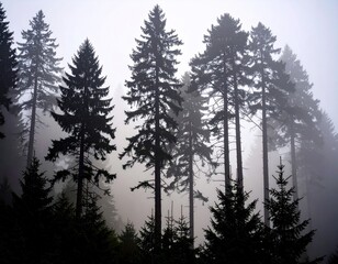 Misty forest silhouettes. Tall conifers stand silhouetted against a hazy, pale sky