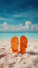 Close-up of orange flip-flops standing upright in soft white beach sand with turquoise sea and blue sky in the background, ideal for summer travel promotions and tropical vacation ads