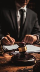 Close-up of judge’s gavel on desk in courtroom with man in suit signing legal documents in background, ideal for legal services, justice themes and law-related visual content