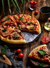 Pizza is a dish made typically of flattened bread dough spread with a savory mixture usually including tomatoes and cheese and often other toppings and baked