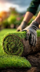 Close-up of worker’s gloved hands unrolling turf grass onto dark soil in garden with soft evening sunlight, perfect for landscaping services, eco-lawn visuals and gardening ads