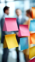 Colorful sticky notes on glass wall with blurred office workers in background, perfect for teamwork visuals, brainstorming concepts and corporate planning content