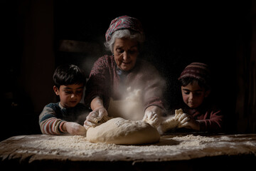 Grandmother and children baking bread in dark kitchen.