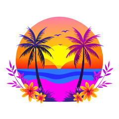 Obraz premium Bold Tropical Sunset T-Shirt Design – Symmetrical Palm Trees, Vibrant Ocean Waves, Bright Floral Foreground, High-Contrast Modern Beach Graphic Print