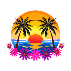Bold Tropical Sunset T-Shirt Design – Symmetrical Palm Trees, Vibrant Ocean Waves, Bright Floral Foreground, High-Contrast Modern Beach Graphic Print

