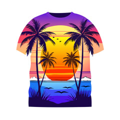 Bold Tropical Sunset T-Shirt Design – Symmetrical Palm Trees, Vibrant Ocean Waves, Bright Floral Foreground, High-Contrast Modern Beach Graphic Print


